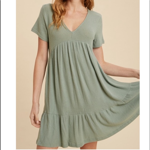 Anna Green Ribbed Babydoll Dress Short Sleeve - Picture 2 of 8